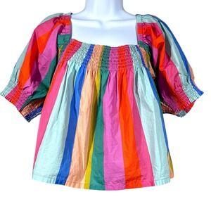 Mille Anthropologie Caro Rainbow Top Womens L 100% Cotton Smocking Crop Swing